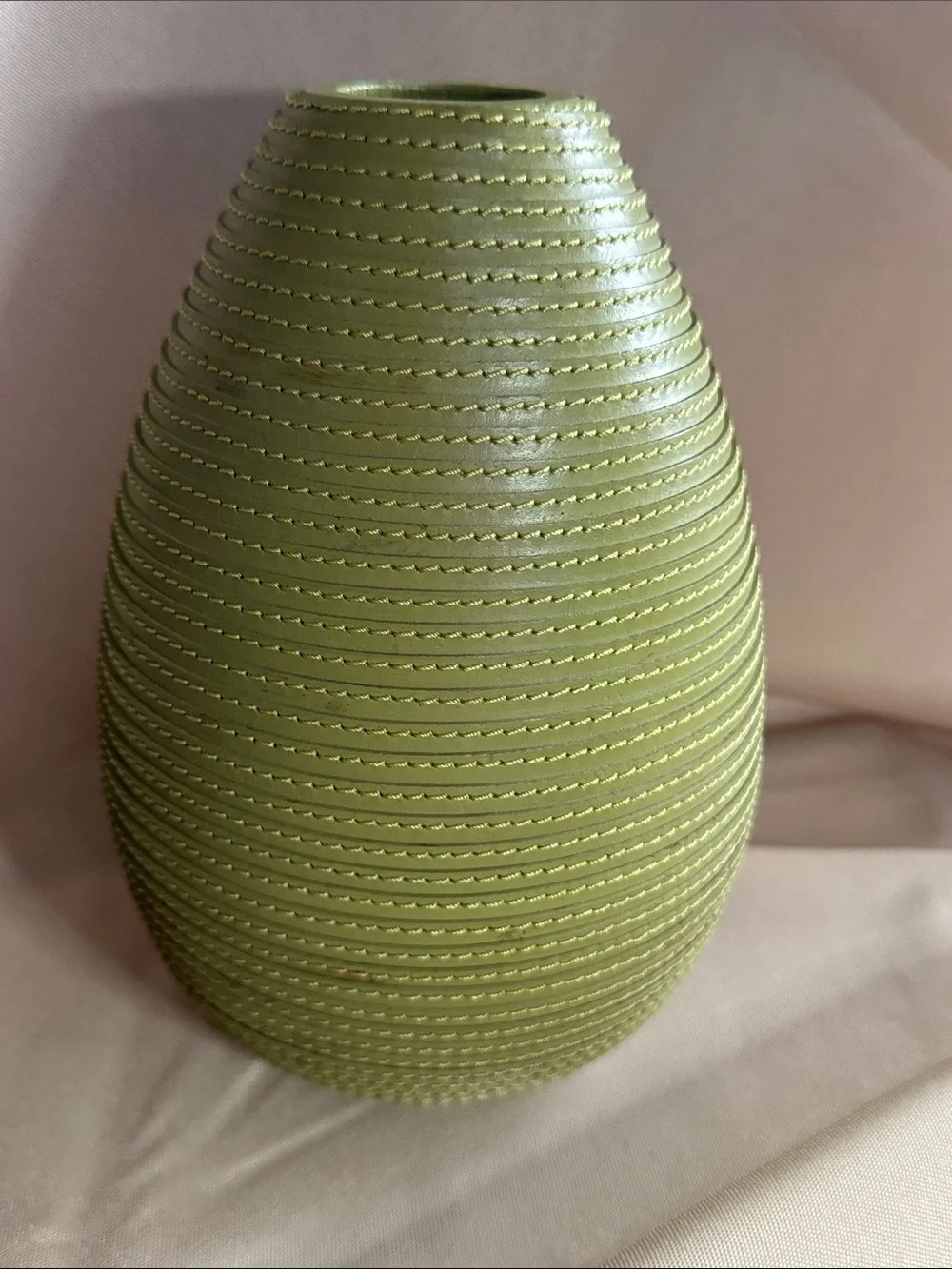 Vintage Crate & Barrel Green Leather Wrapped Teardrop Vase Ribbed MCM Accent